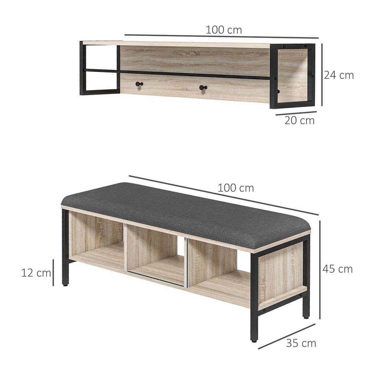 HOMCOM Porte-manteau mural vestiaire d'entrée banc à chaussures 3 compartiments 3 patères barre penderie acier noir aspect chêne clair
