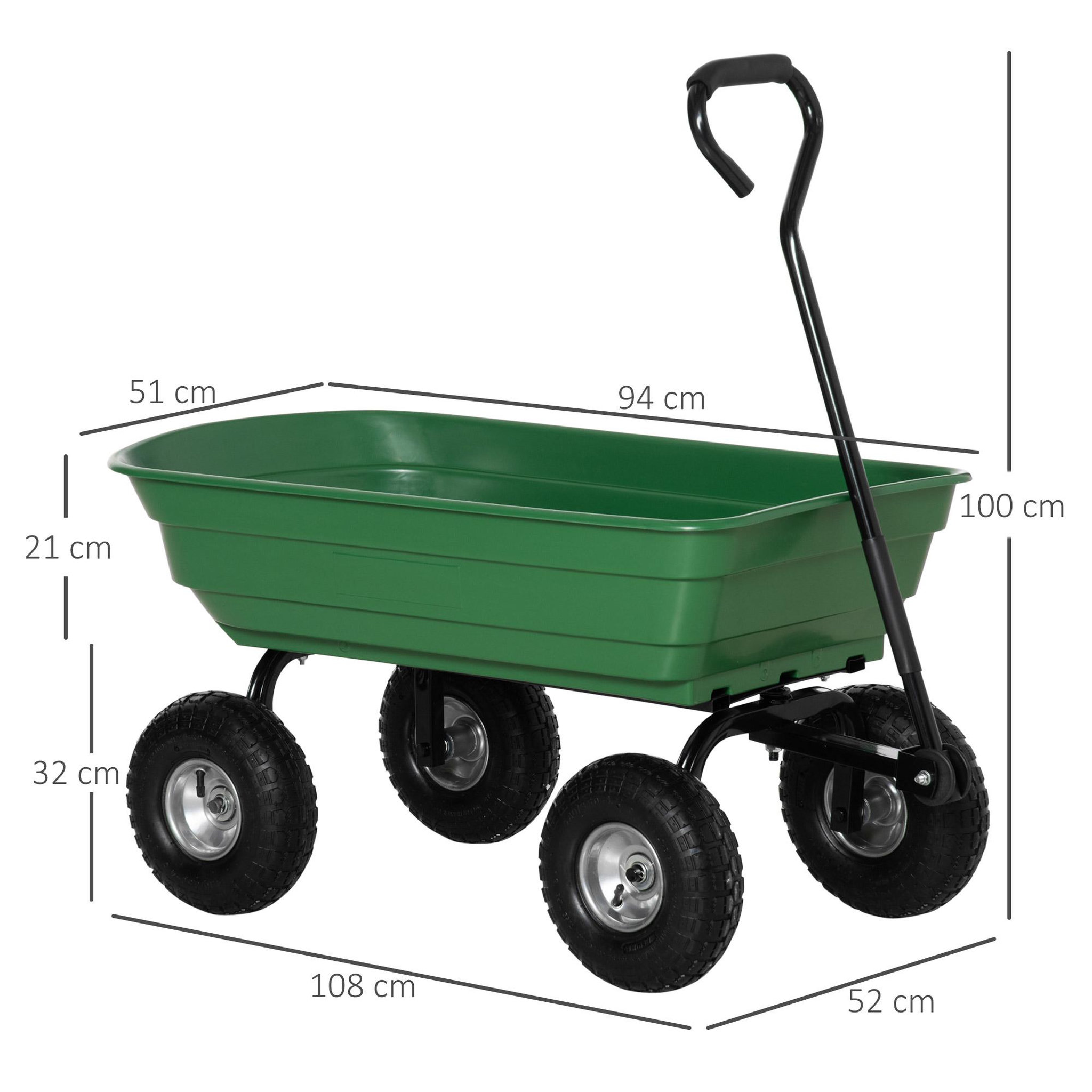 Voir la diapositive 3 : OUTSUNNY Chariot de Jardin 100L max. 250 Kg 4 roues pneumatiques poignée réglable noir vert