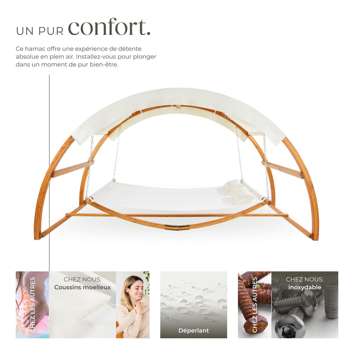 tectake Hamac avec cadre en bois pour 2 personnes marron teck