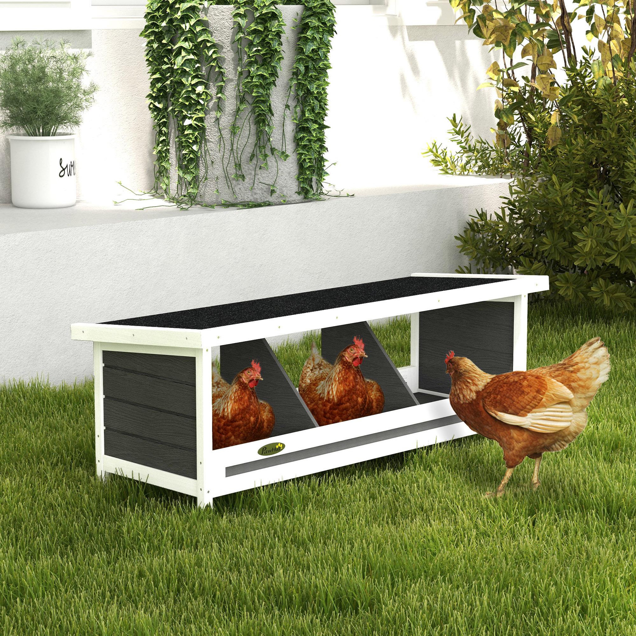 Voir la diapositive 2 : PAWHUT Pondoir pour poules 3 emplacements nichoir en bois avec fond et toit gris blanc noir