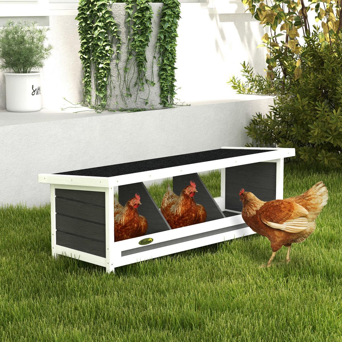 PAWHUT Pondoir pour poules 3 emplacements nichoir en bois avec fond et toit gris blanc noir