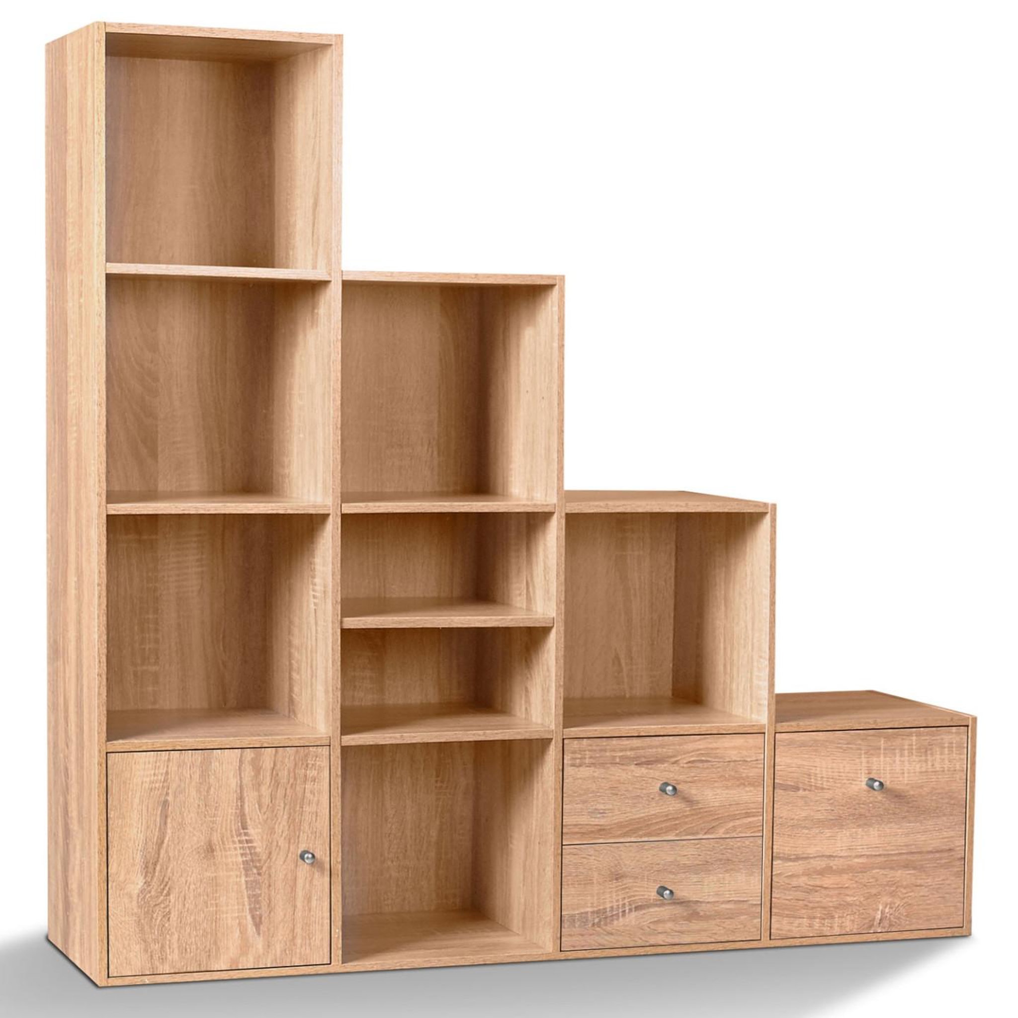 Voir la diapositive 4 : ID MARKET Meuble de rangement en escalier liam 4 niveaux bois façon hêtre avec porte et tiroirs