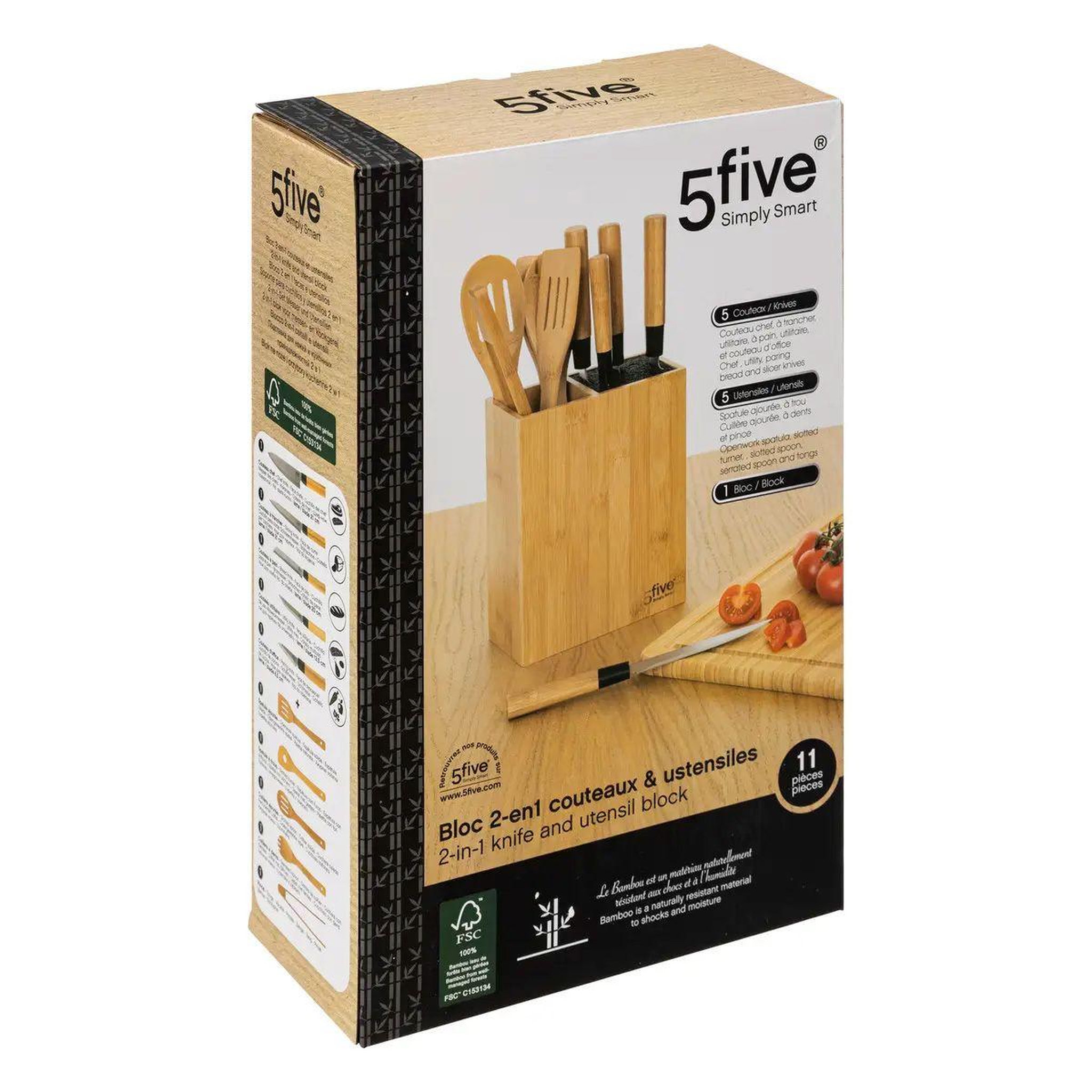 Voir la diapositive 6 : FIVE Bloc couteaux & ustensiles  blackbamboo  35cm naturel