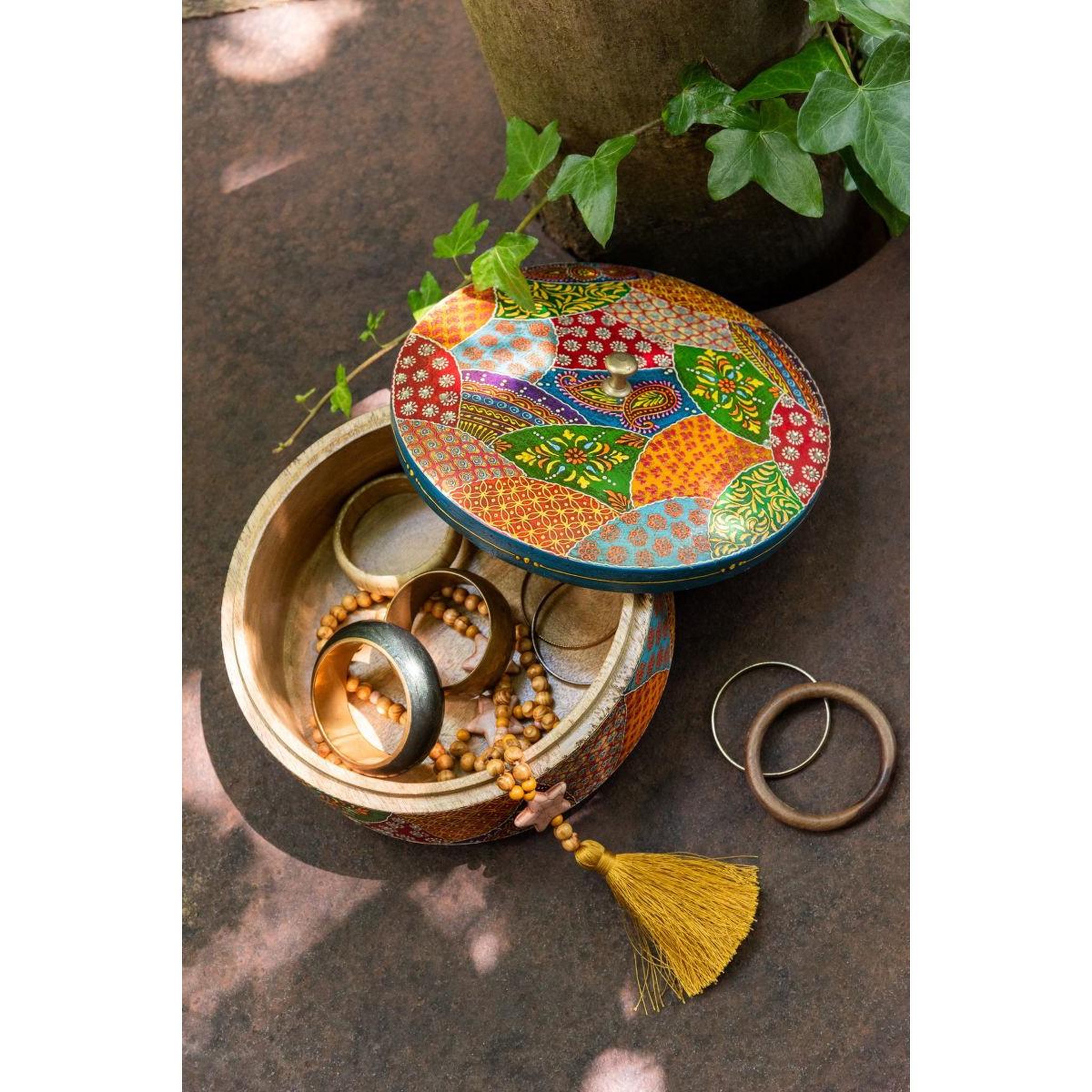 Voir la diapositive 4 : J-LINE Boîte déco ronde en bois  delhi  26cm multicolore