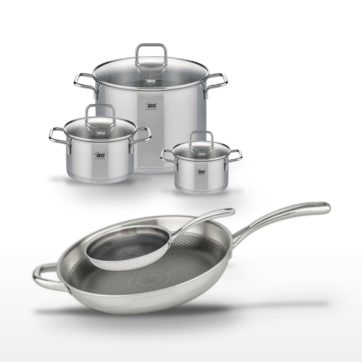 ELO Lot de 3 Faitouts 16/20/26cm & 2 Poêles 24/32cm Elo Relief Evolution