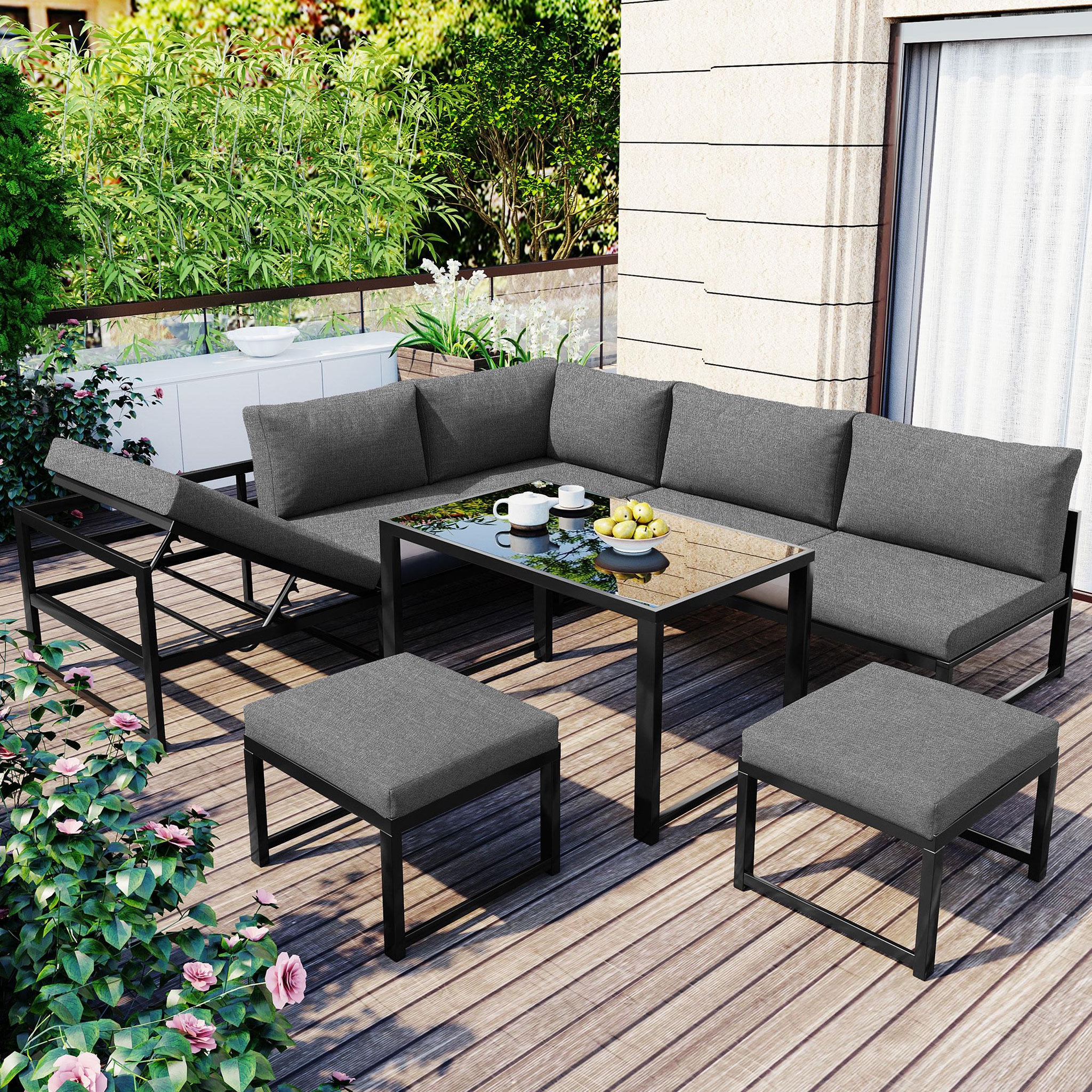 Voir la diapositive 4 : MERAX Salon de jardin 7 places en aluminium avec 1 canapé 3p, 1 canapé 2p, 2 poufs, table, coussins, gris