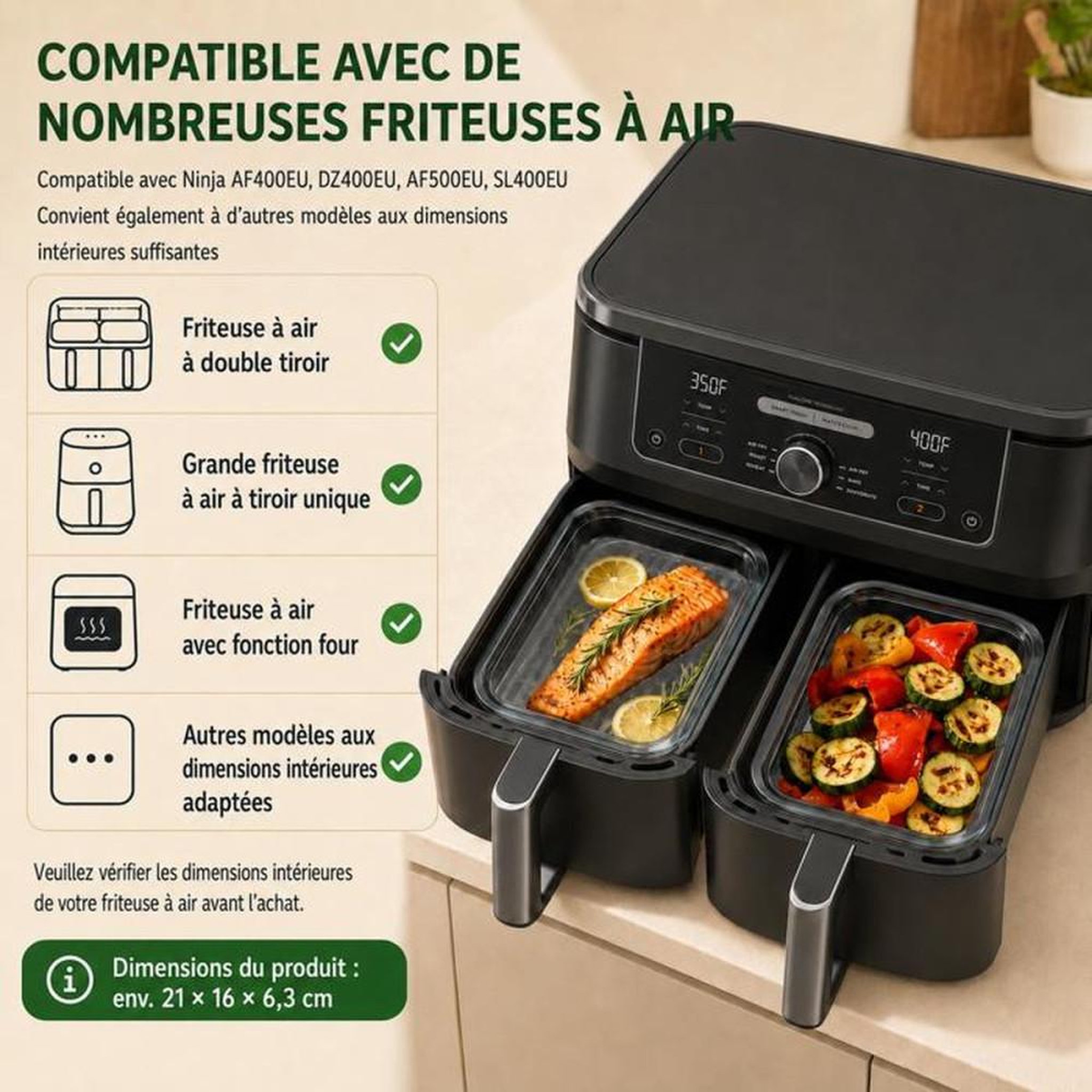 Voir la diapositive 5 : Lot de 2 plats de cuisson en verre résistant à la chaleur pour friteuse à air double zone, poignées en silicone amovibles, coloris transparent et noir