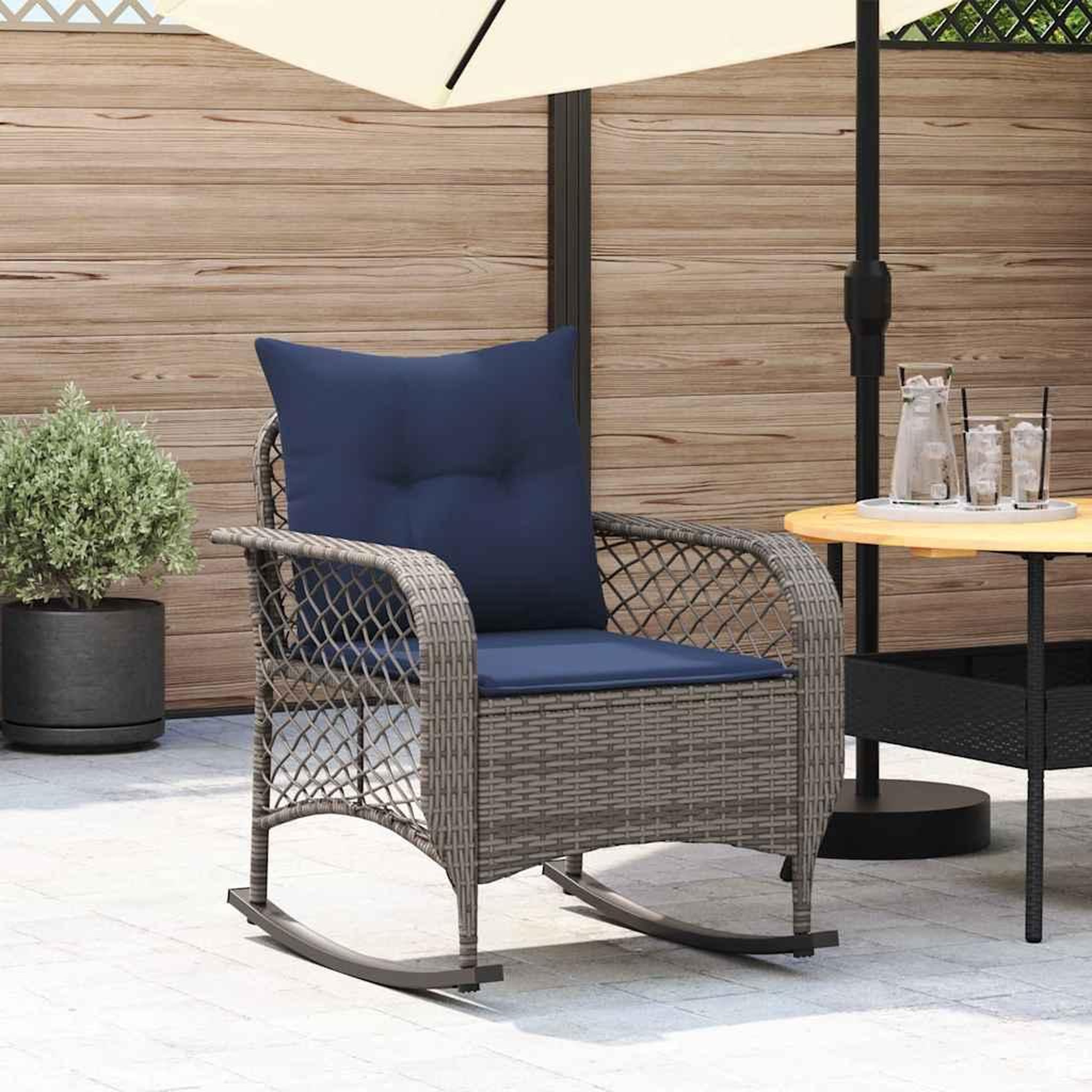 VIDAXL Chaise a bascule de jardin avec coussins gris resine tressee