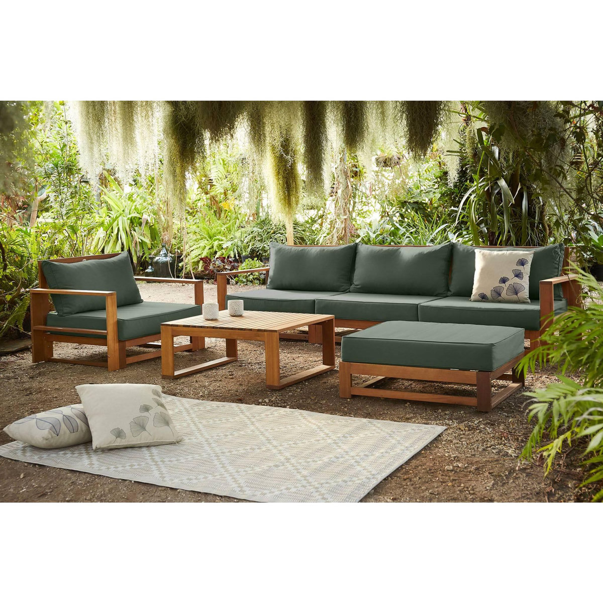 SWEEEK Salon de jardin en bois d'acacia 5 places - Mendoza - Canapé, fauteuils et table basse en acacia, 6 éléments modulables, design