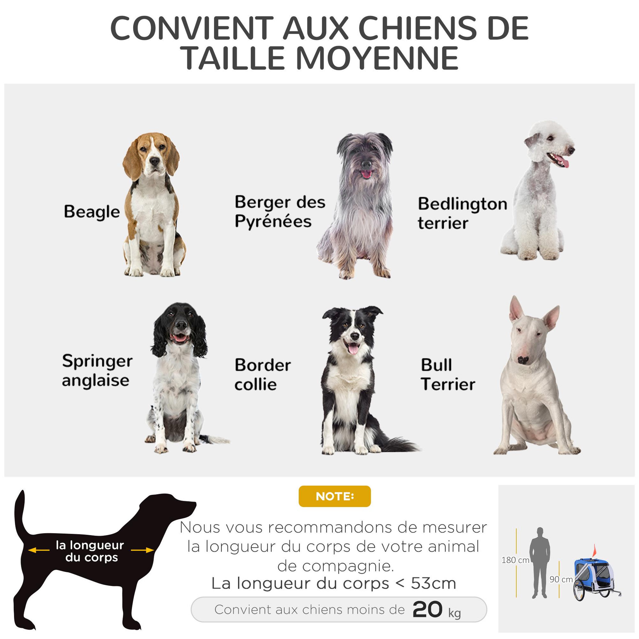 Voir la diapositive 6 : PAWHUT Remorque vélo pour chien animaux pliable 8 réflecteurs drapeau barre attelage inclus acier polyester imperméable max. 30 kg 130l x 73l x 90h cm bleu blanc
