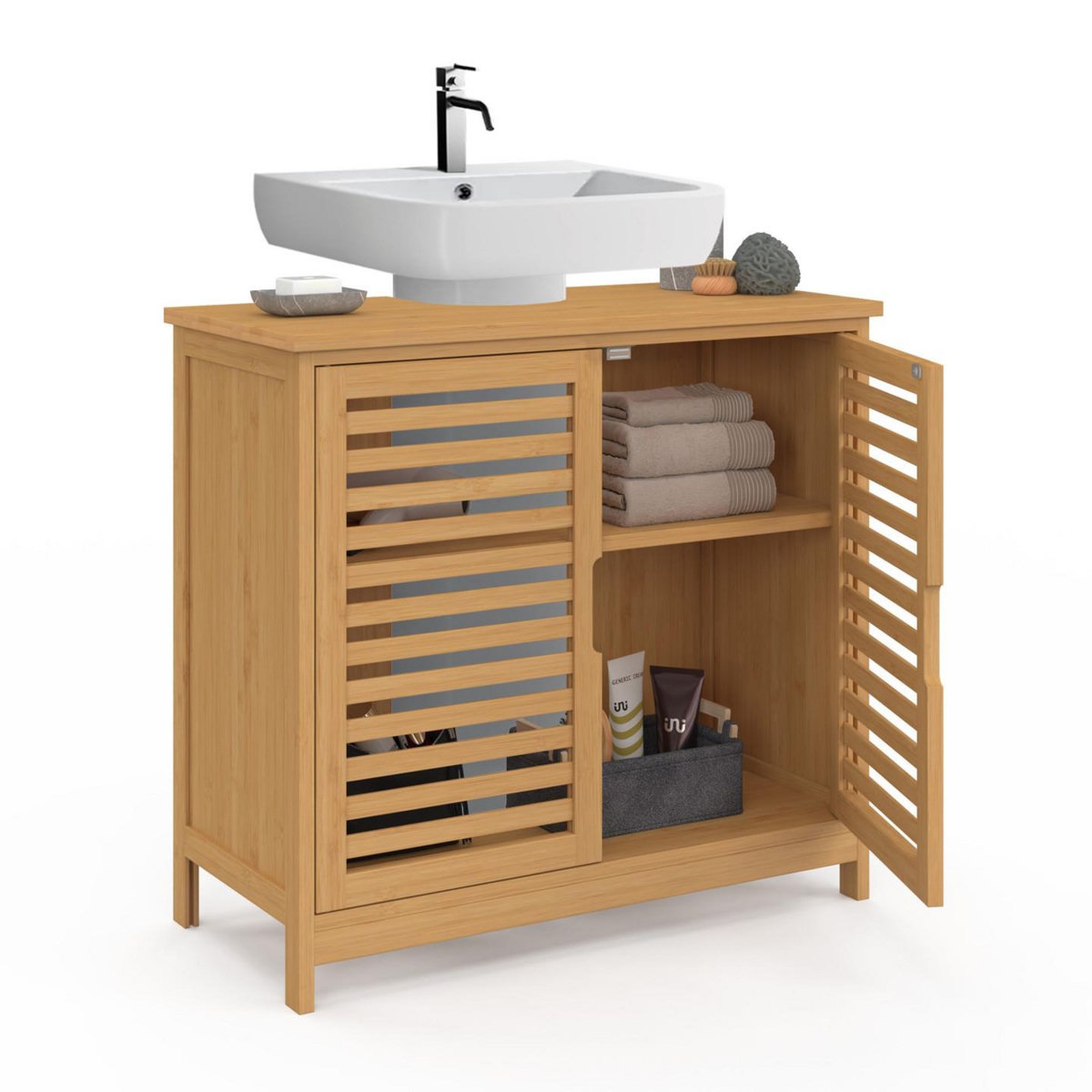 ID MARKET Meuble sous lavabo salle de bain bambou BEA