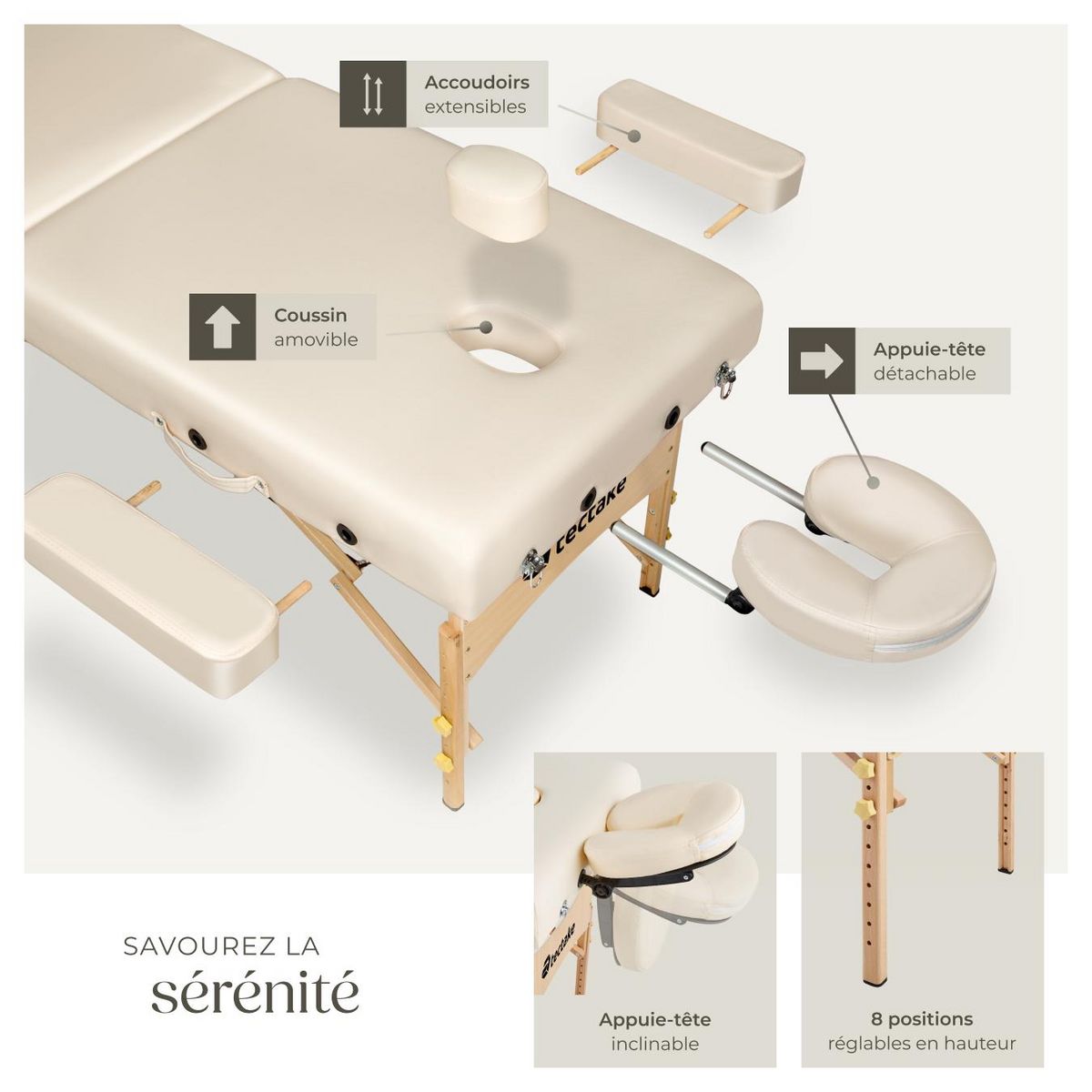 tectake Table de massage portable pliante 2 zones largeur 59 cm et rembourrage 7,5 cm beige