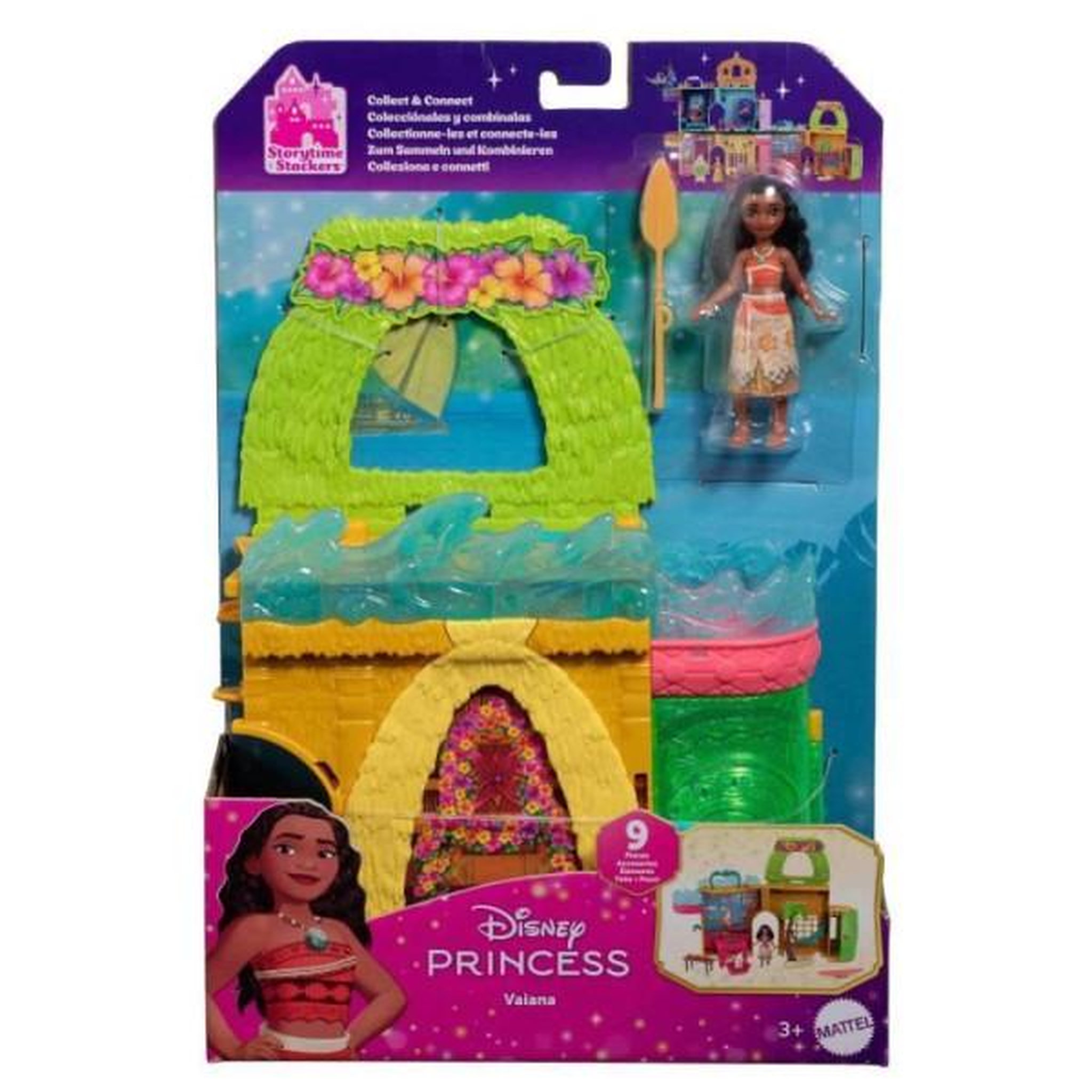 DISNEY PRINCESS Disney vaiana histoires a empiler coffret de maison de poupée avec une petite poupée vaiana, 1 ami animal et 9 accessoires - m