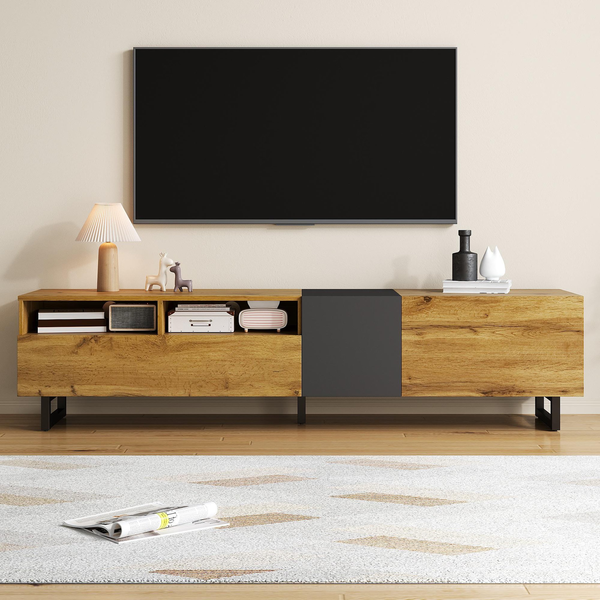 Voir la diapositive 2 : MERAX Meuble tv naturel+noir 170 cm panneau de particules