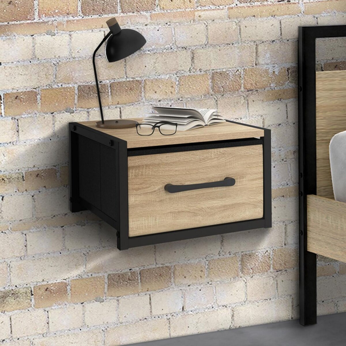 ID MARKET Lot de 2 tables de chevet murales tiroir en tissu UTAH design industriel