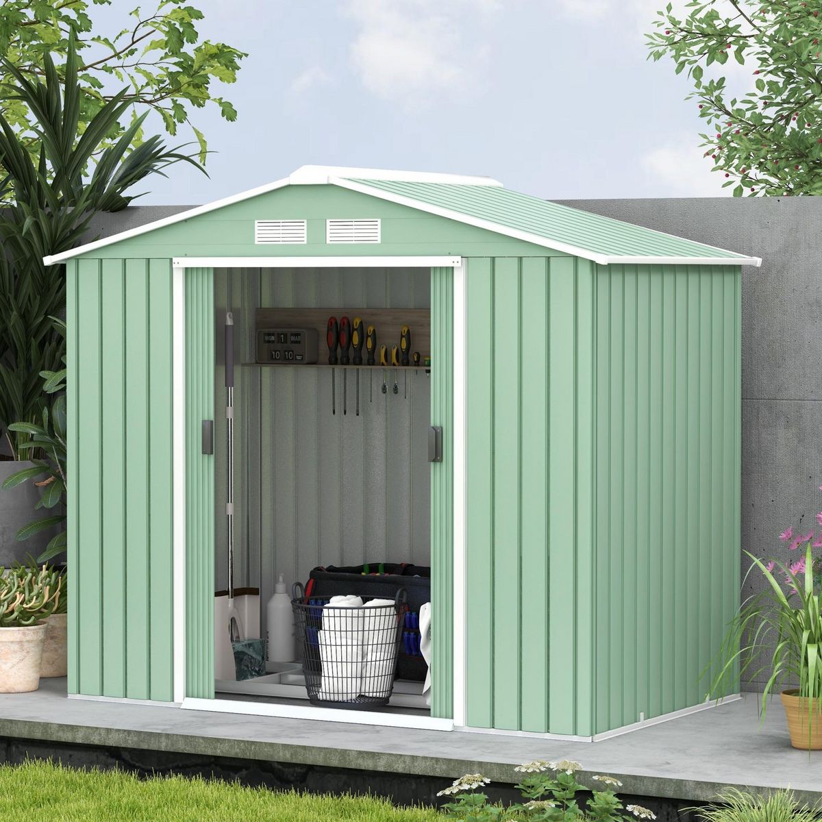 OUTSUNNY Abri de jardin - remise pour outils - cabanon porte verrouillable - dim. 213L x 130l x 185H cm - tôle d'acier vert pastel