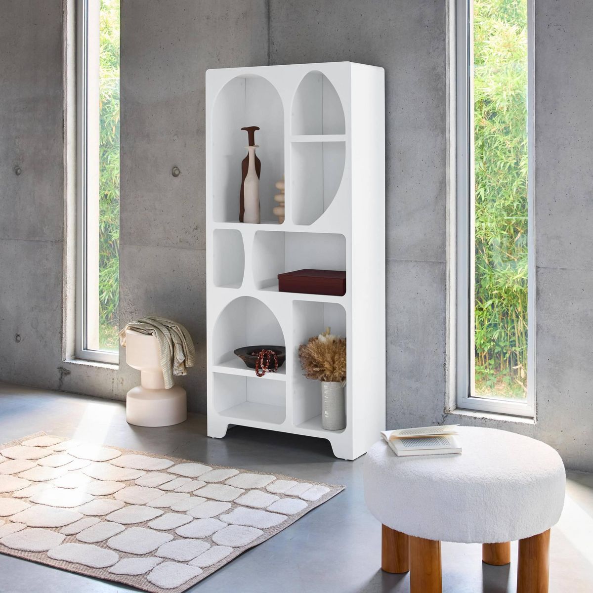 SWEEEK Etagère bibliothèque organique effet bois blanc plusieurs niches 8 compartiments