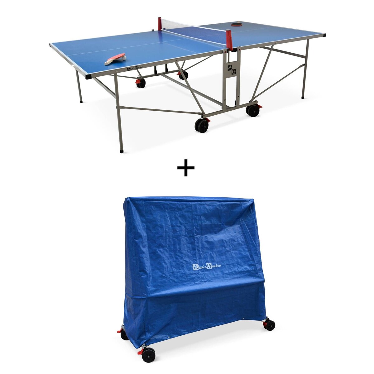 SWEEEK Table de ping pong OUTDOOR bleue avec sa housse- table pliable avec  2 raquettes et 3 balles. pour utilisation extérieure. sport tennis de table  pas cher 