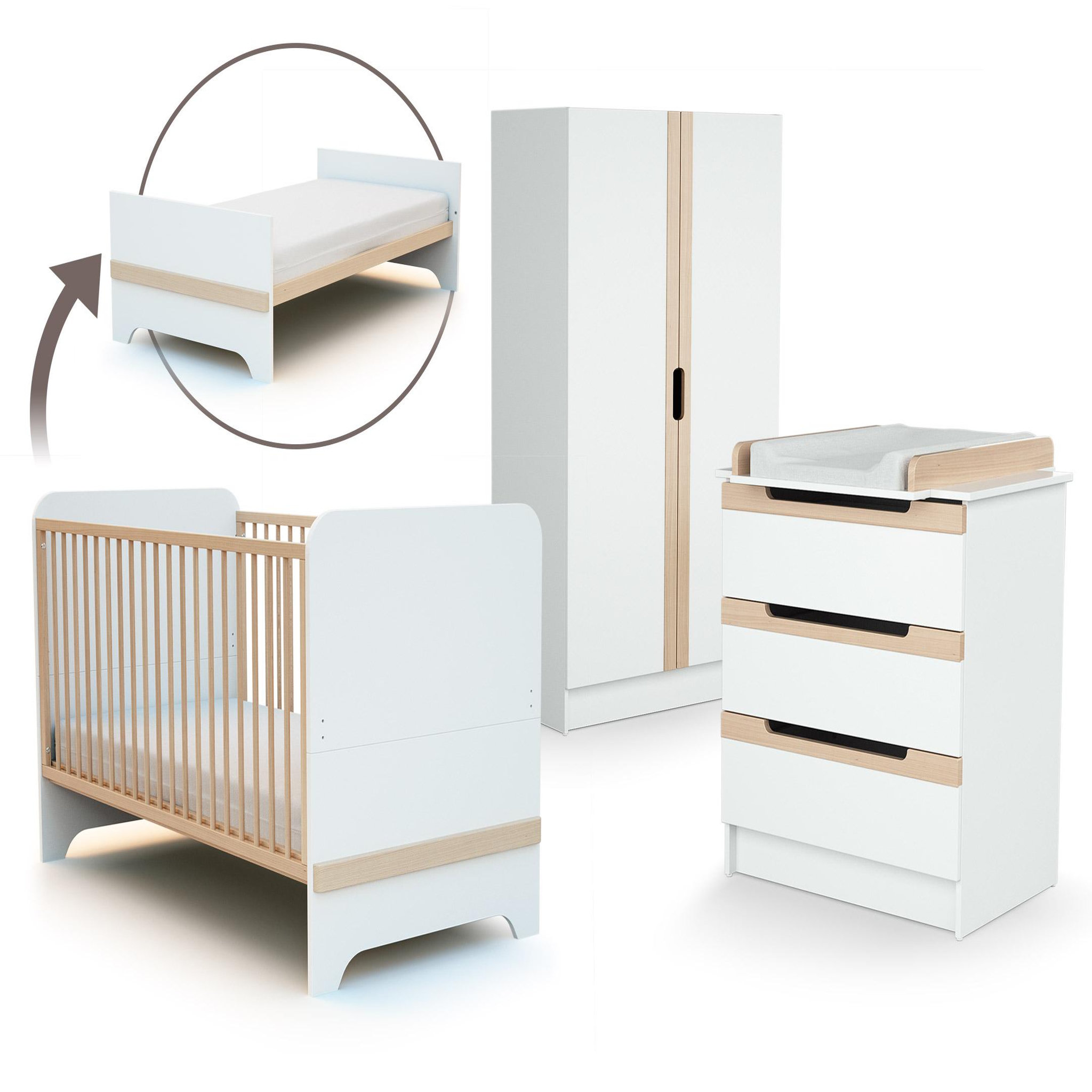 AT4 Chambre bébé lit, commode à langer et armoire blanc et hêtre verni