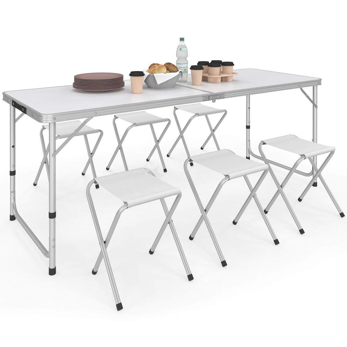 ID MARKET Table de camping pliante réglable en hauteur 160 cm et 6 tabourets blancs