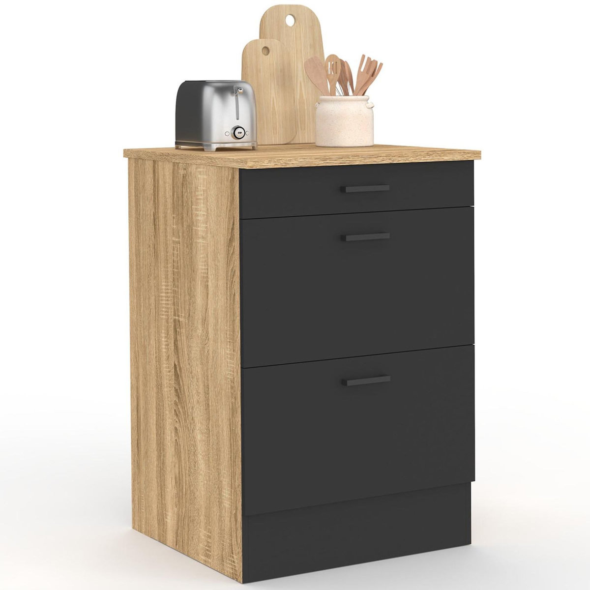 ID MARKET Meuble bas de cuisine 60 cm SUBTIL appoint casserolier 3 tiroirs bois et noir