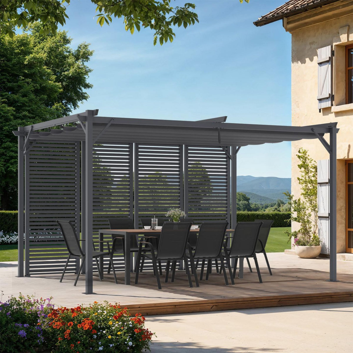 ID MARKET Pergola édition collector persienne toit rétractable 3x4M 4 pans modulables gris anthracite