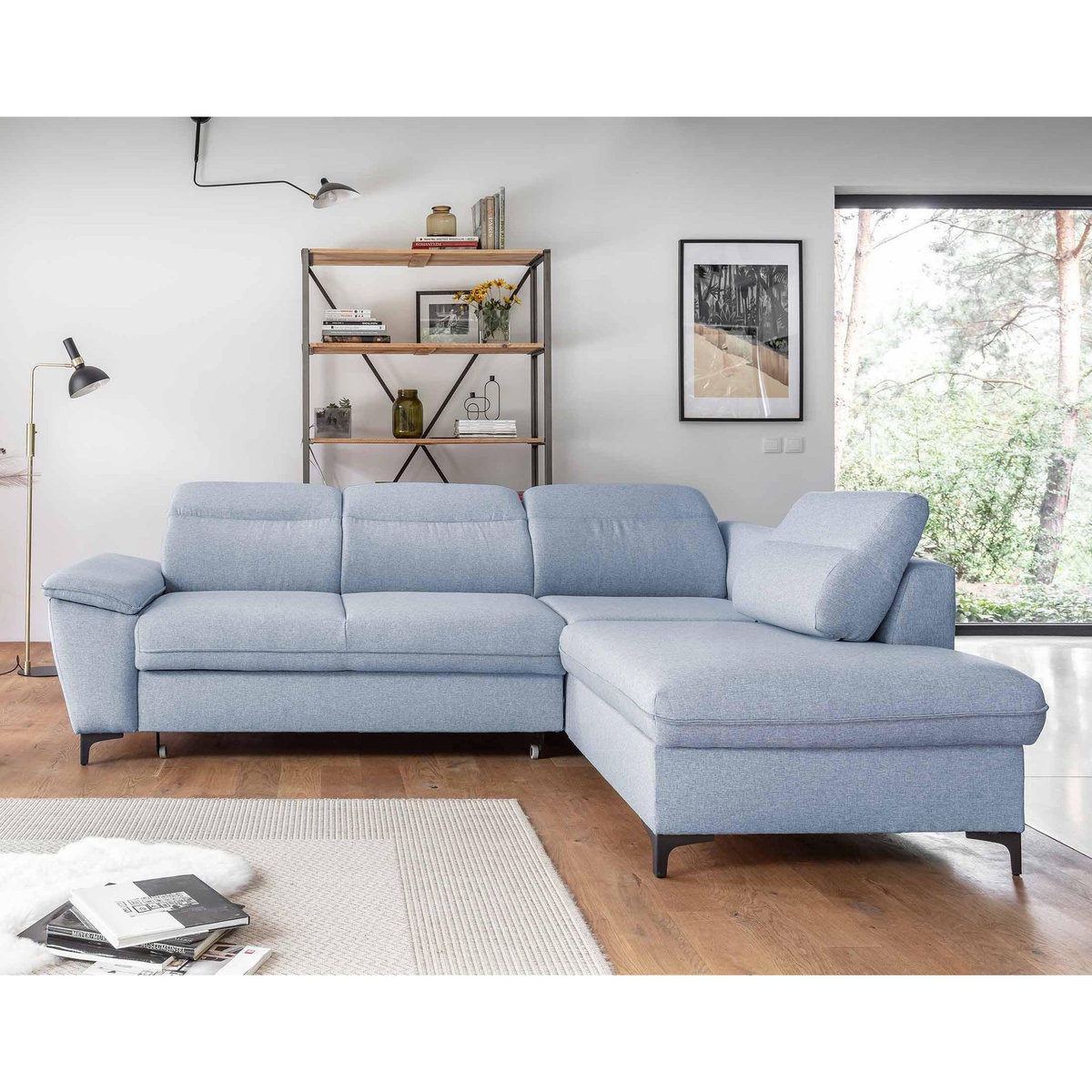 BEST MOBILIER Clever - canapé d'angle droit - 5 places - convertible avec coffre et têtières - en tissu