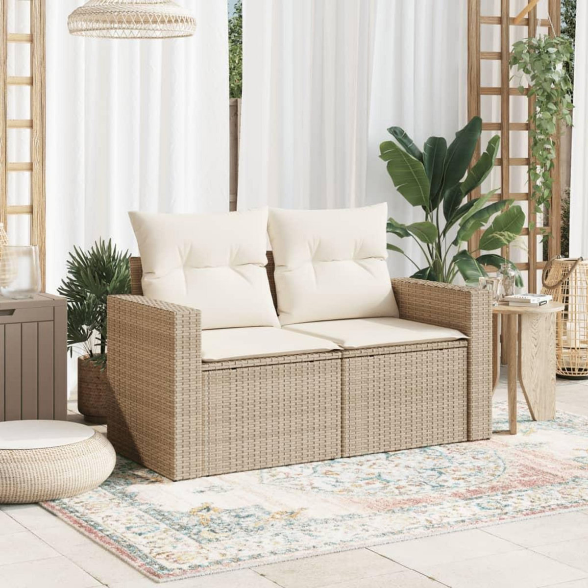 VIDAXL Canape de jardin avec coussins 2 places beige resine tressee