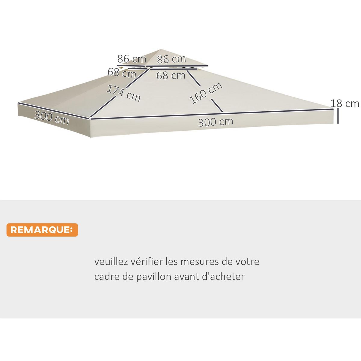 HOMCOM Toile de toit de rechange pour pavillon tonnelle tente 3x3m crème