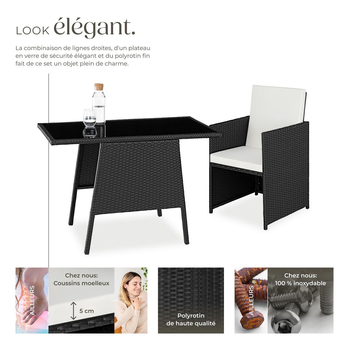 tectake Salon de jardin pour 2 personnes noir