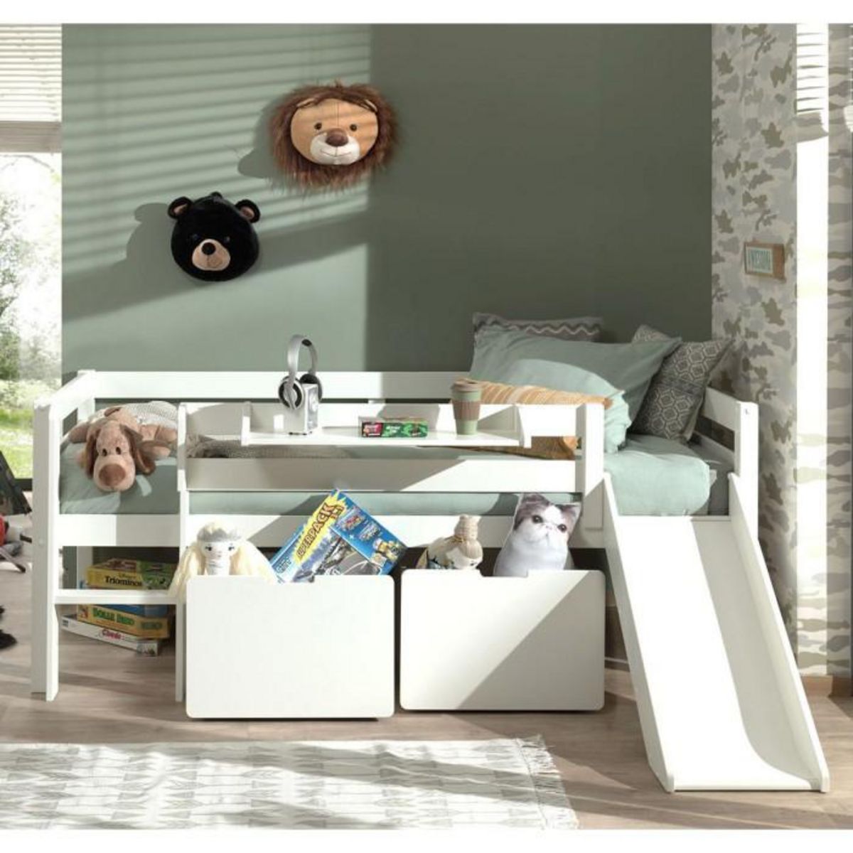 Paris Prix Pack - Lit Enfant Surélevé, 2 Tiroirs & Étagère  Pino  Blanc