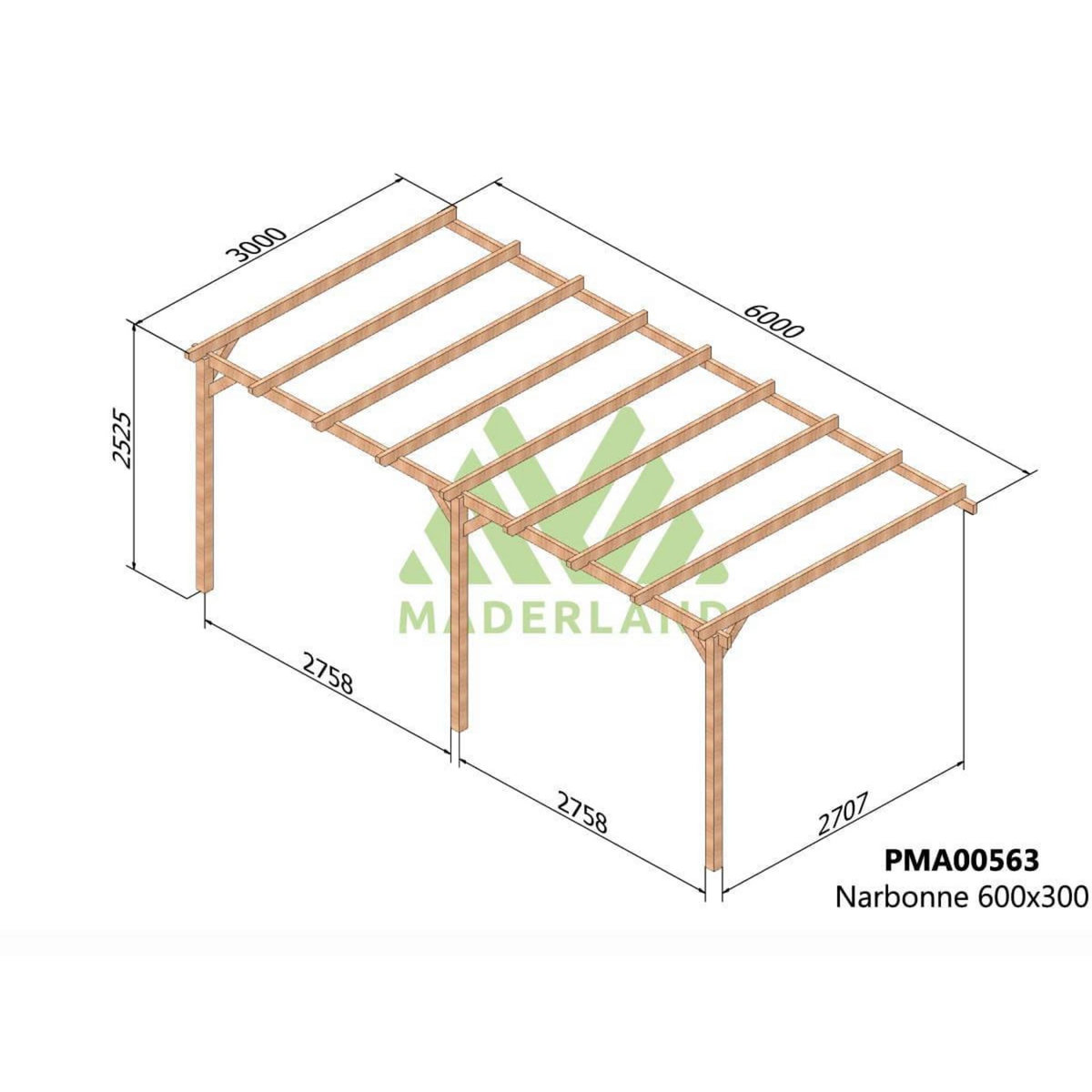 JARDIDECO Pergola adossée en bois massif Narbonne 600 x 300 cm - Maderland