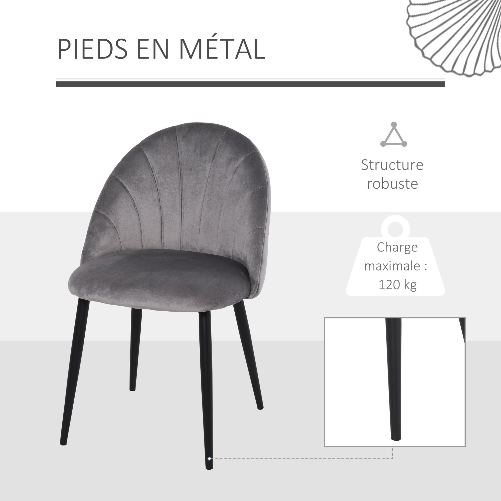 Voir la diapositive 5 : HOMCOM Lot de 2 chaises velours gris pieds métal noir dim. 52L x 54l x 79H cm
