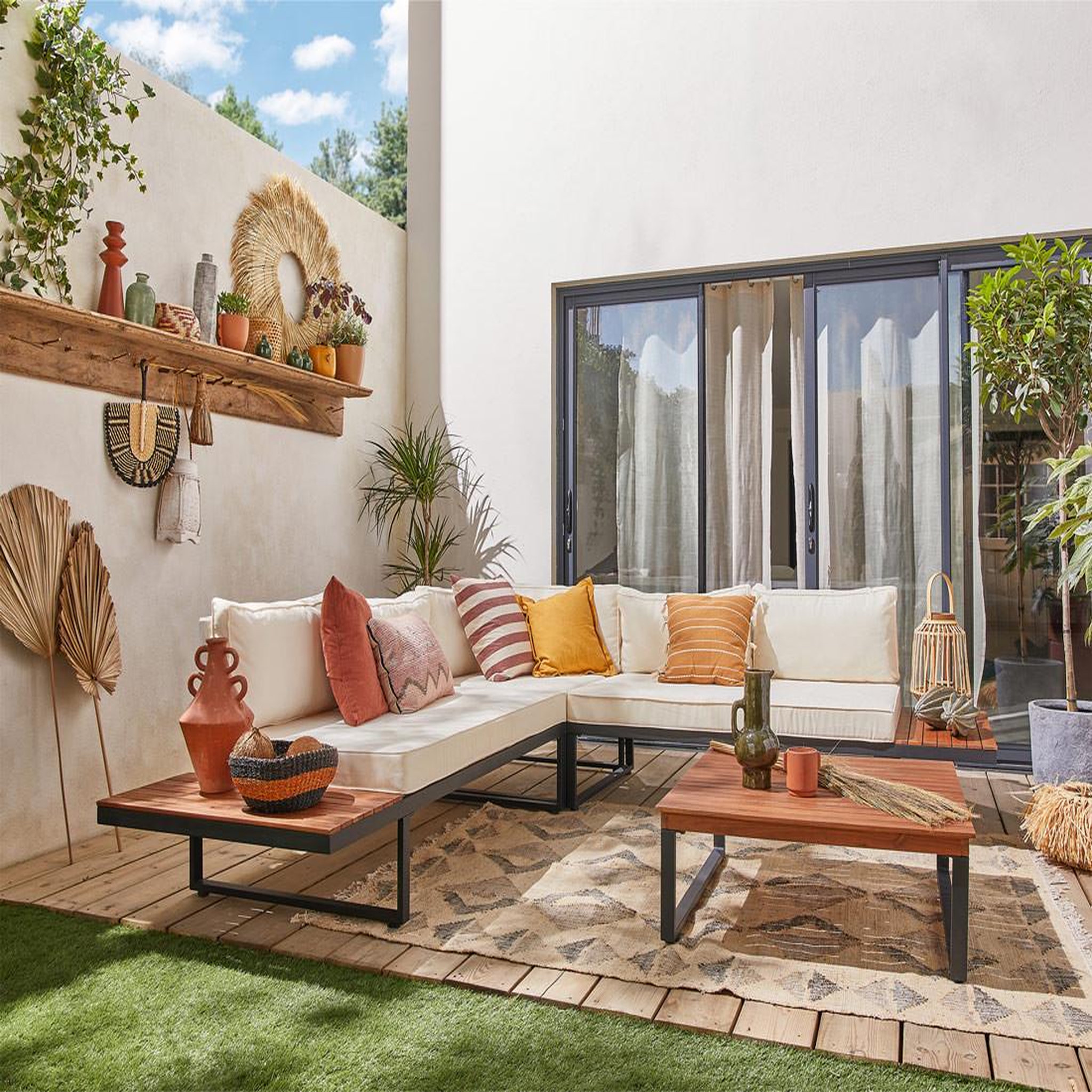 BEST MOBILIER Yulara - salon bas d'angle de jardin 5 places - bois, métal et coussins beiges. Coloris disponibles : Bicolore