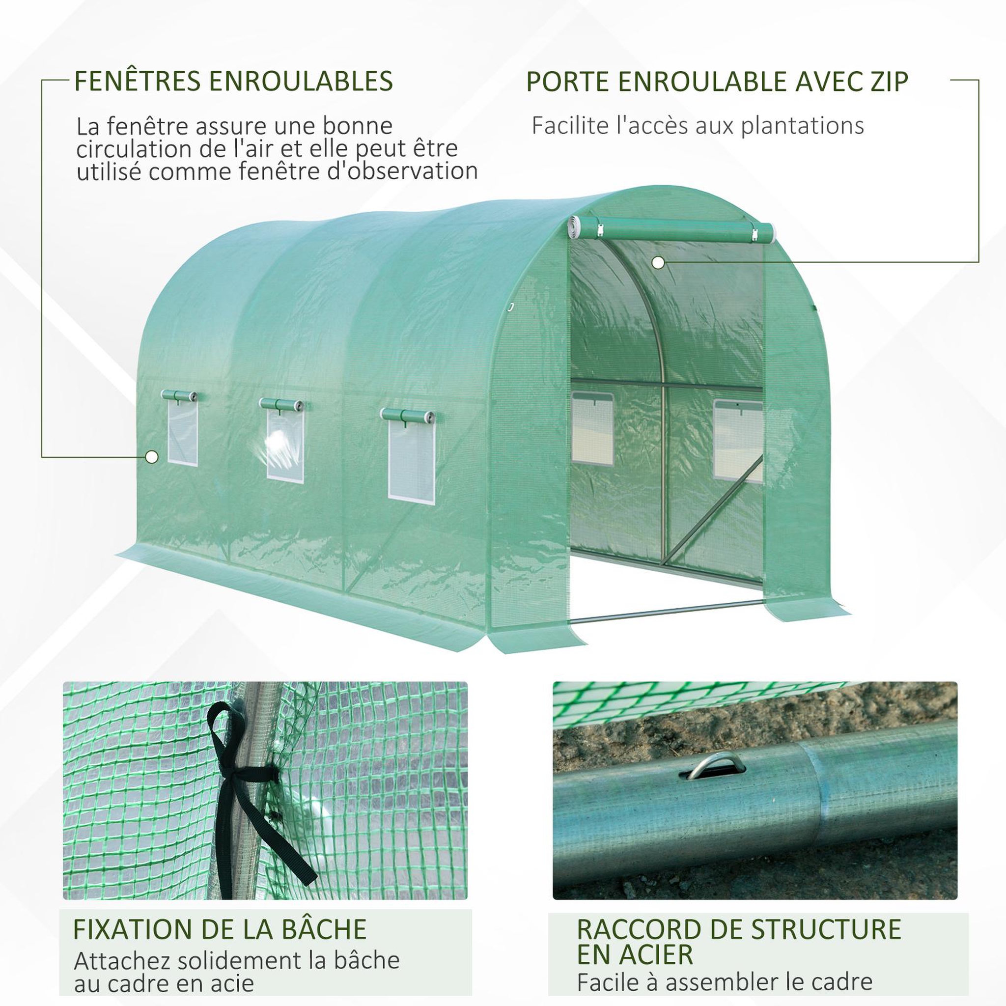 Voir la diapositive 5 : OUTSUNNY Serre de jardin tunnel 8 m² 4l x 2l x 1,9h m acier galvanisé renforcé diamètre 2,4 cm + pe haute densité fenêtres porte vert