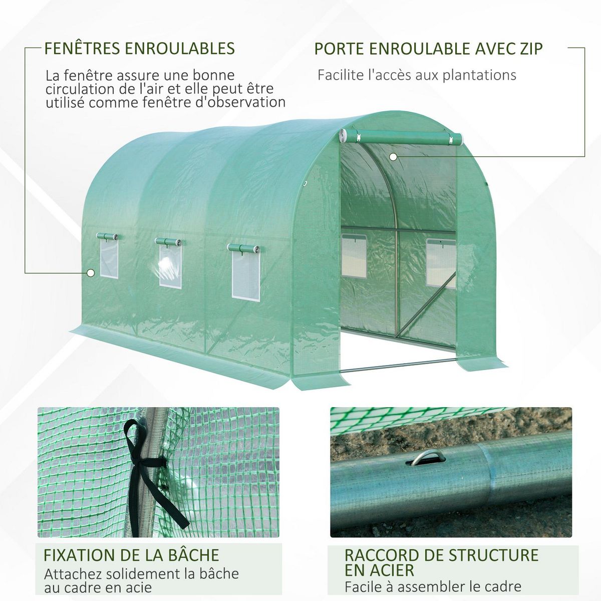 OUTSUNNY Serre de jardin tunnel 8 m² 4L x 2l x 1,9H m acier galvanisé renforcé diamètre 2,4 cm + PE haute densité fenêtres porte vert