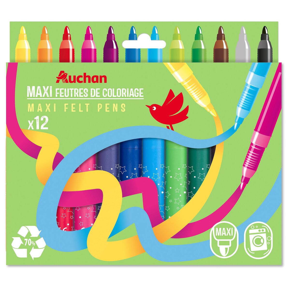 AUCHAN Etui de 12 feutres de coloriage pointe large recyclés