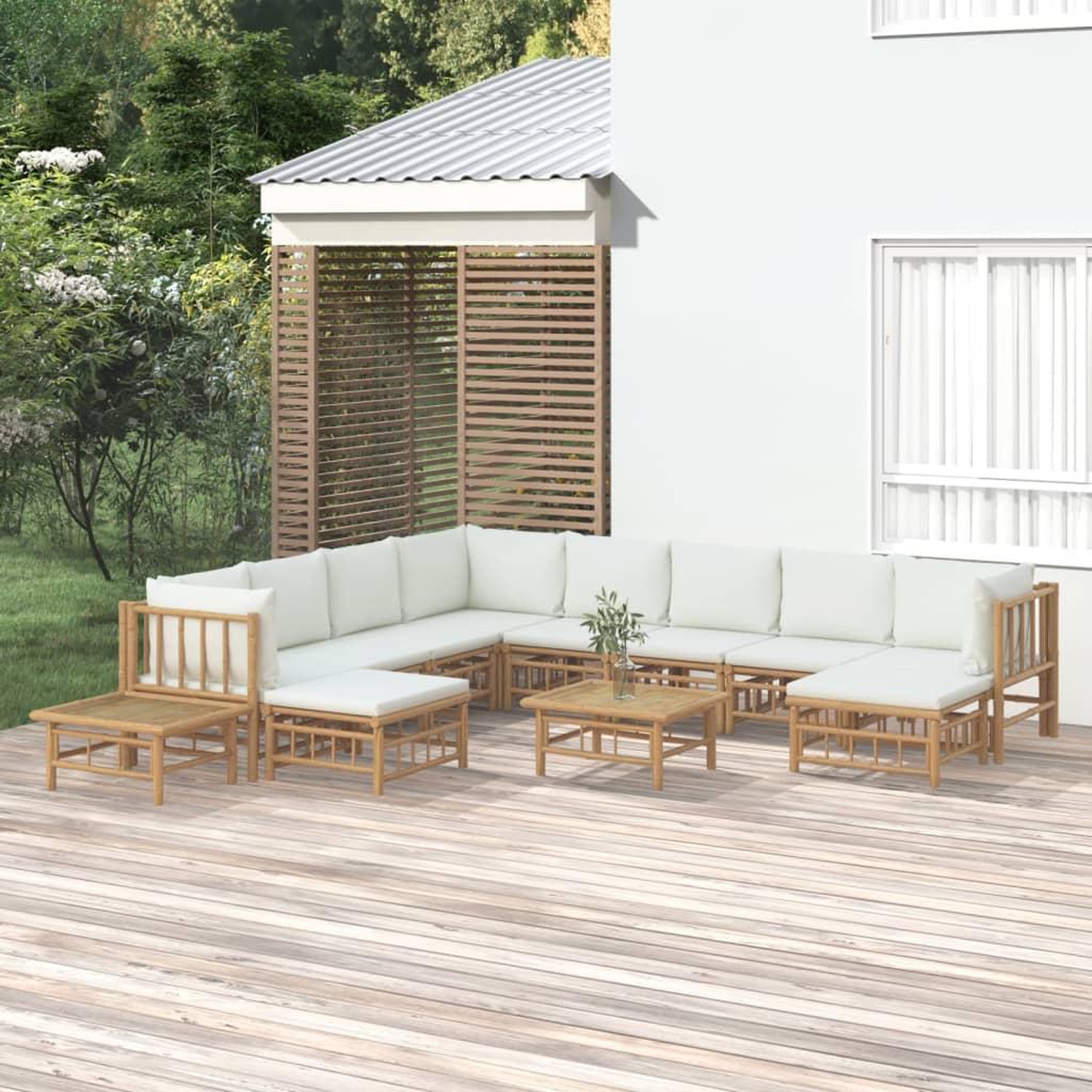 Voir la diapositive 1 : VIDAXL Salon de jardin 12 pcs avec coussins blanc creme bambou