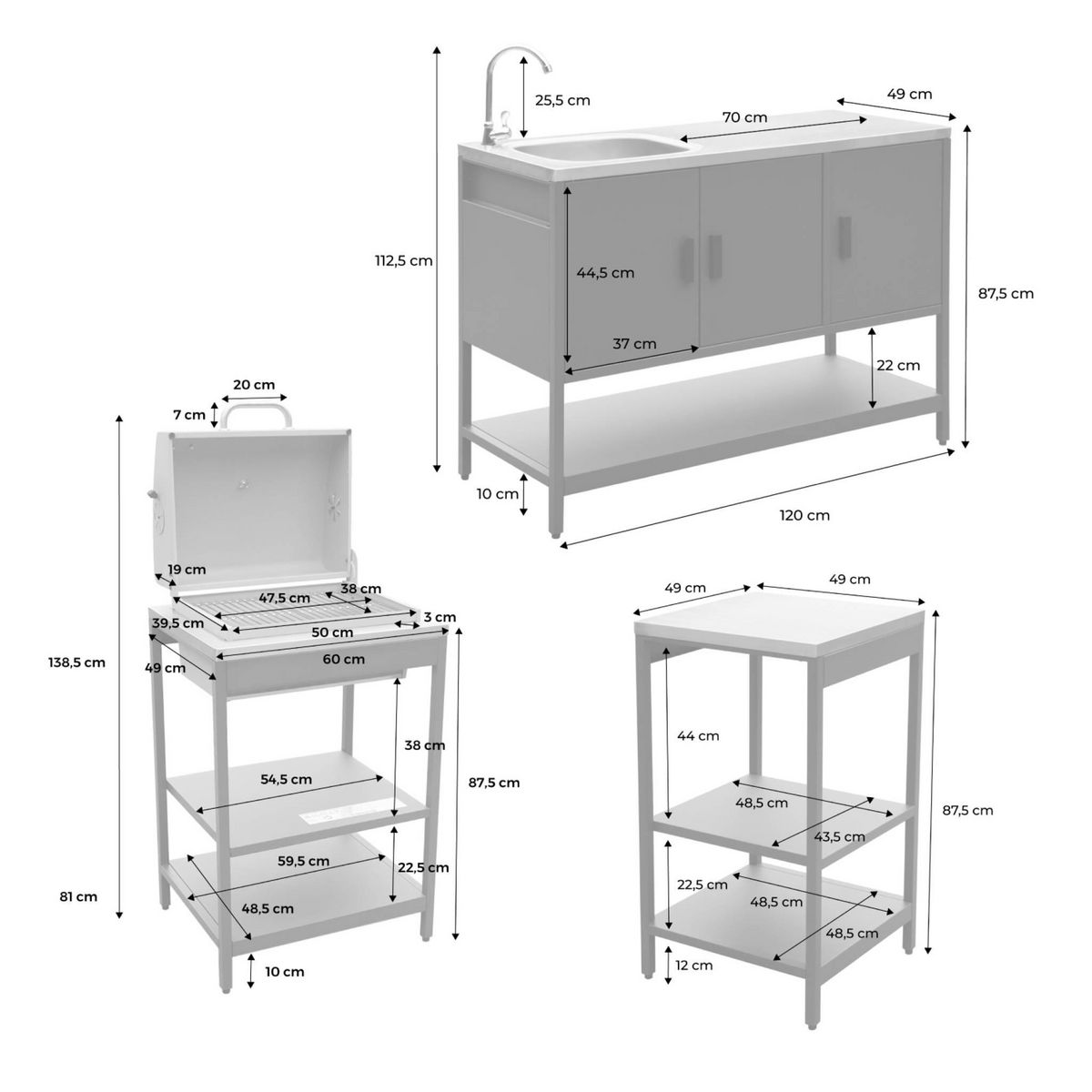 SWEEEK Cuisine extérieure Naxos 3 modules acier inoxydable avec barbecue au charbon