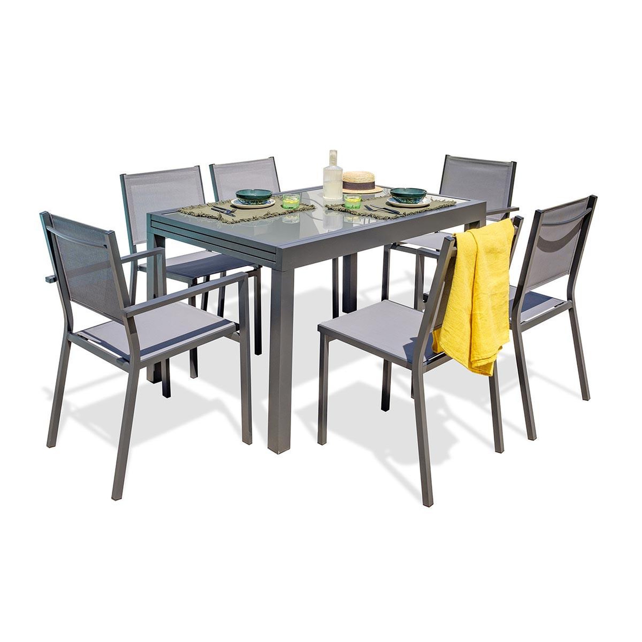 DCB GARDEN Ensemble Table de Jardin 4 Chaises & 2 Fauteuils  Tolede  135-270cm Gris Anthracite