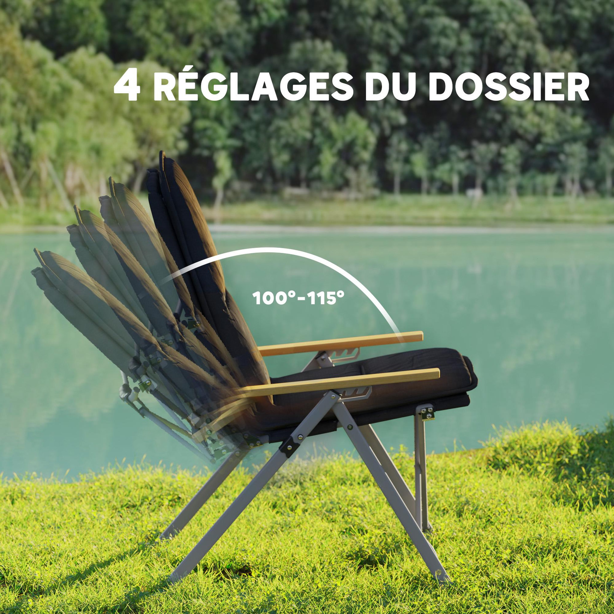 Voir la diapositive 5 : OUTSUNNY Chaise de camping pêche pliable inclinable 4 niveaux sac transport inclus alu gris bois polyester noir