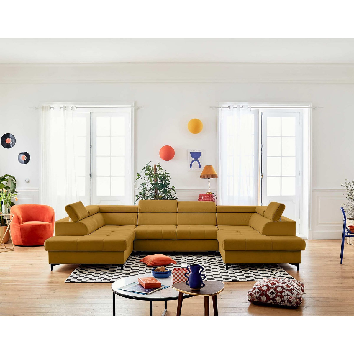 LISA DESIGN Merida - canapé panoramique en u - 7 places - convertible avec coffres et têtières réglables - en velours