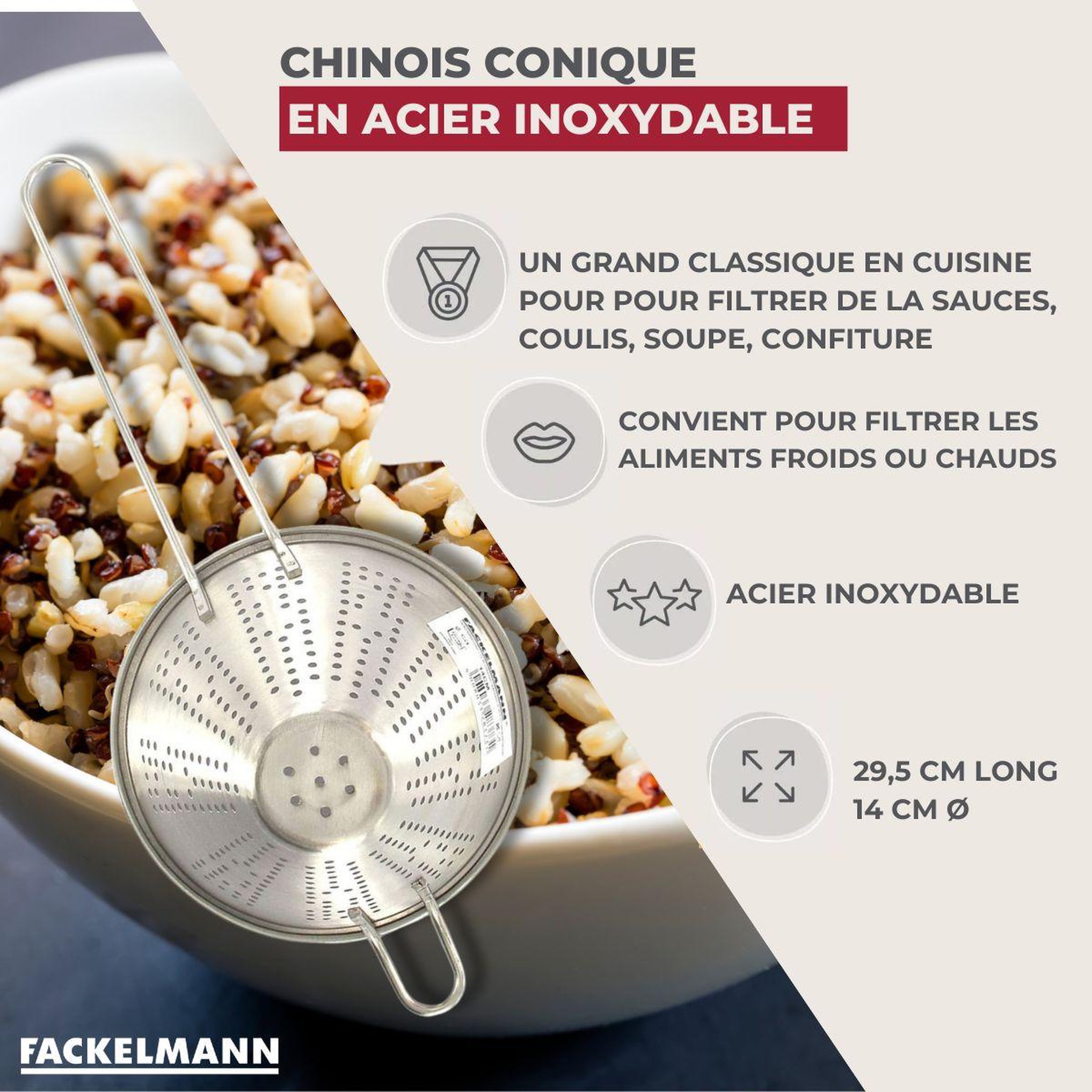 Voir la diapositive 2 : Fackelmann Chinois conique 14 cm de diamètre en inox fackelmann