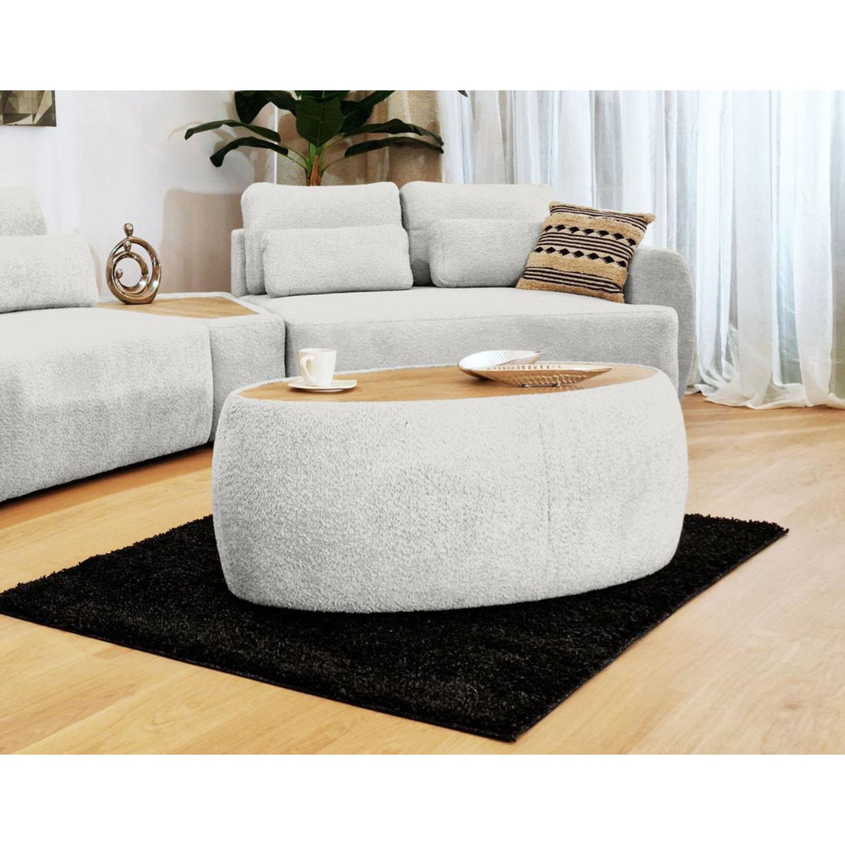 BEST MOBILIER Mahina - table basse ovale - en tissu bouclette et plateau effet bois - 114 cm