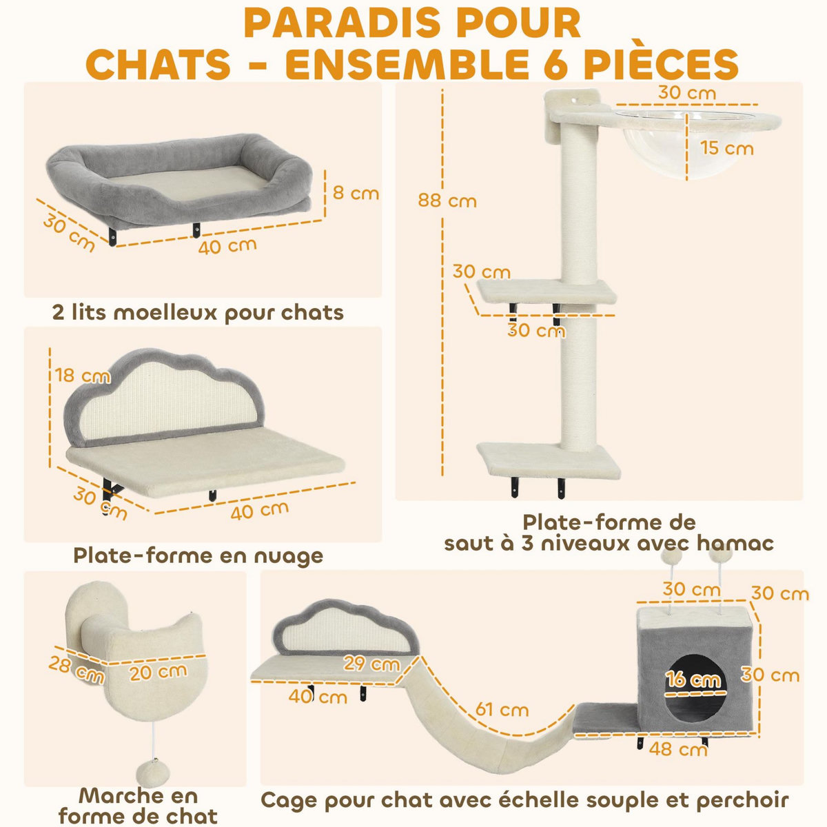 PAWHUT Arbre à chat design mural - parcours mural en bois pour chat 6 pièces variées - crème gris