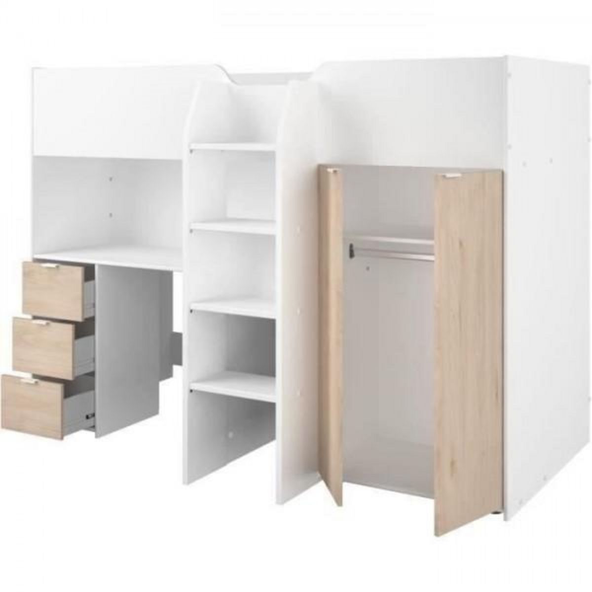 PARISOT Lit combiné mezzanine enfant - TOM - Blanc et chene - Armoire, bureau et sommier inclus