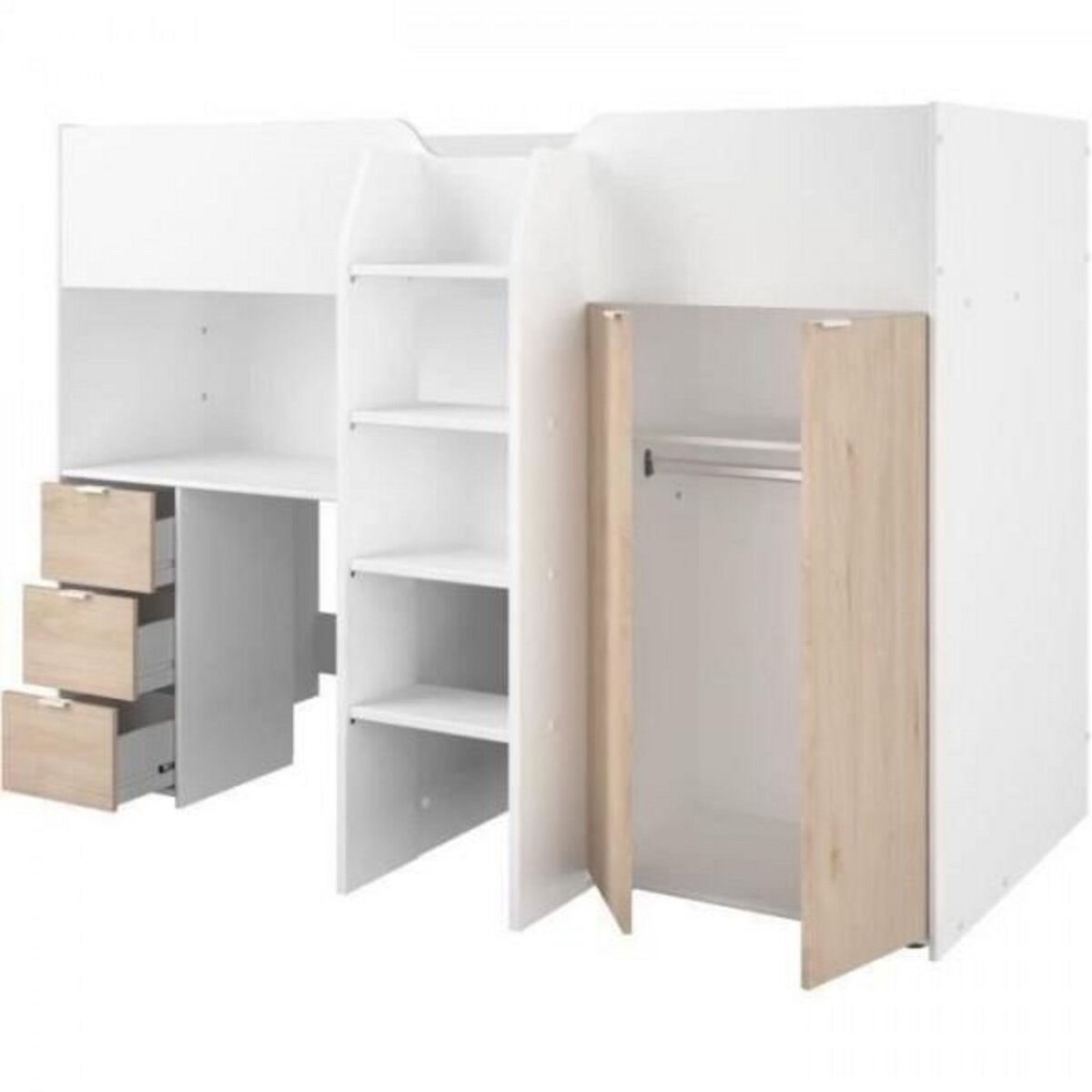 PARISOT Lit combiné mezzanine enfant - TOM - Blanc et chene - Armoire, bureau et sommier inclus