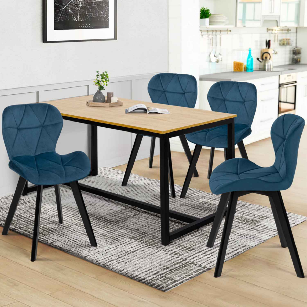 ID MARKET Lot de 4 chaises ROBINE en velours bleu pieds noirs