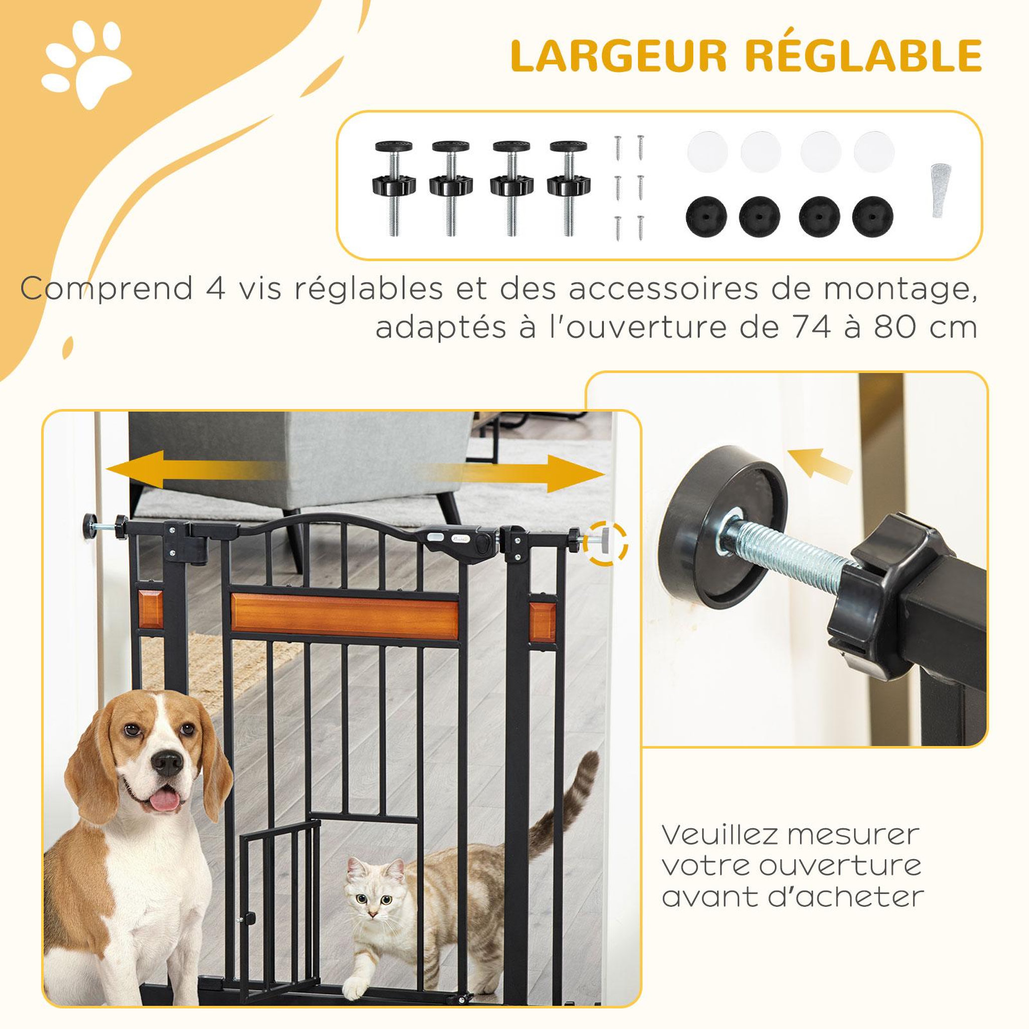 Voir la diapositive 6 : PAWHUT Barrière de sécurité animaux - longueur réglable dim. 74-80 cm - 2 portes verrouillables, ouverture double sens - sans perçage - acier noir pin
