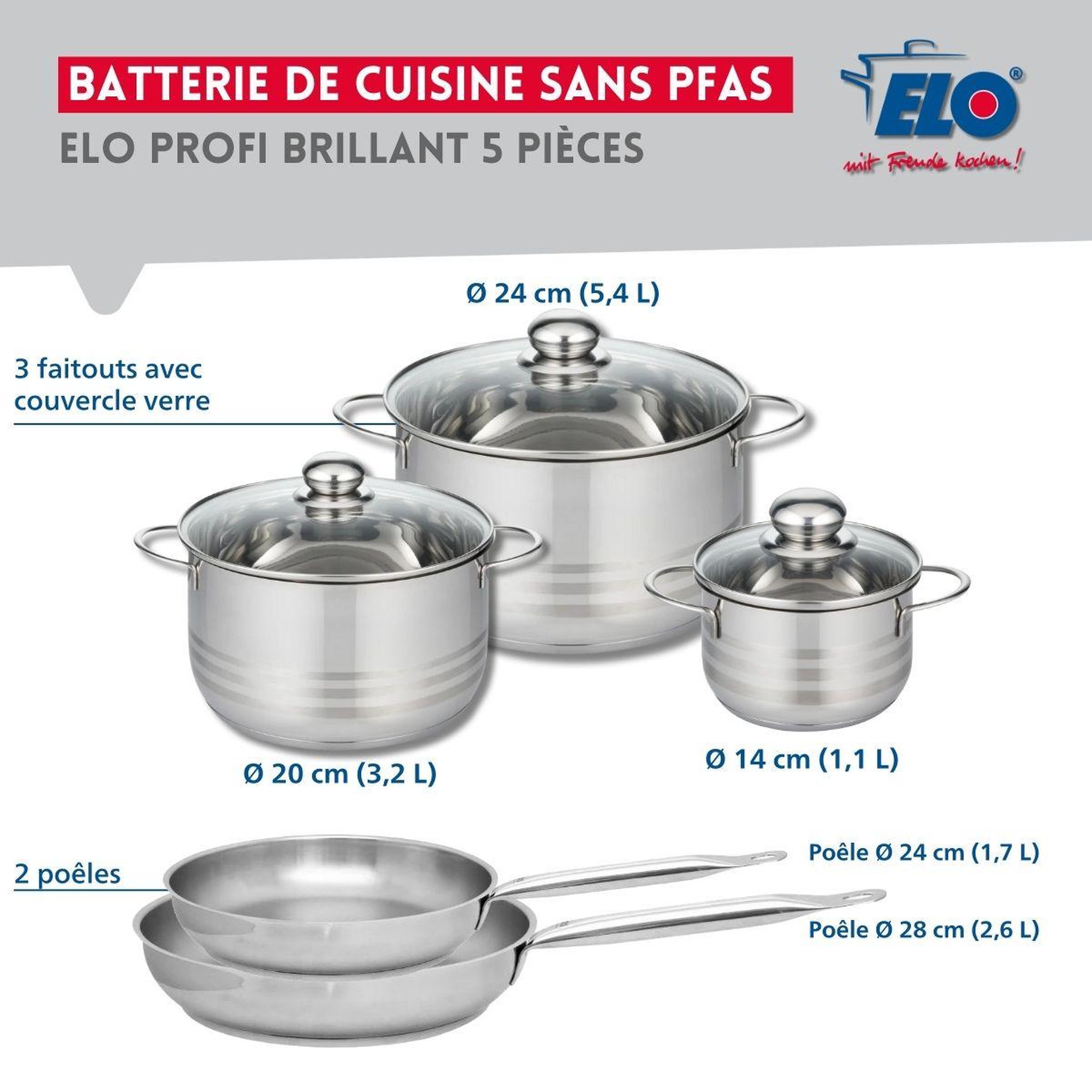 Voir la diapositive 2 : ELO Ensemble de 2 poêles de cuisson 24 et 28 cm et 3 faitouts 14, 20 et 24 cm elo profi brillant